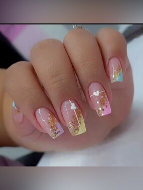 Pastel Ombre Nails with Gold Flakes and White Heart Accents